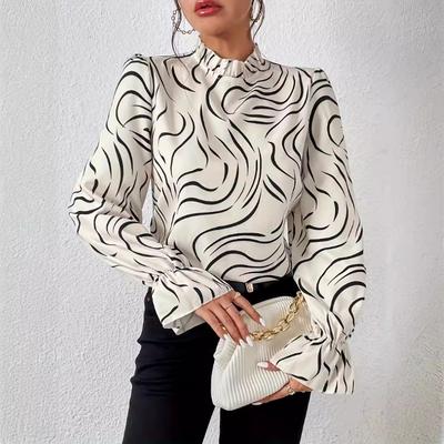 Весна Осень Блузка женская с длинным рукавом, принтом и оборками на воротнике, свободная, повседневная, офисная, простая рубашка, женская модная элегантная весенне-осенняя одежда