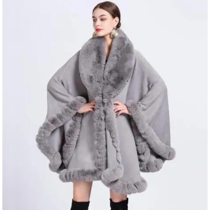 Oversize Winter Big Faux Fox Fur Neck Plus Size Poncho Out Streetwear Women Cloak Pashmina Batwing Sleeves Shawl Coat