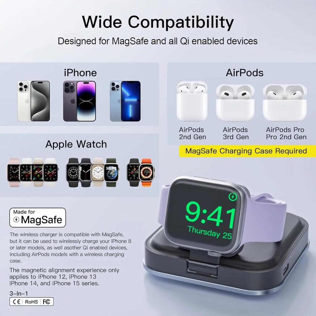 3 in 1 Foldable Magnetic Wireless Charger Stand For Magsafe iPhone 15 14 13 12 Apple Watch 8 7 Airpods Pro Fast Charging Station