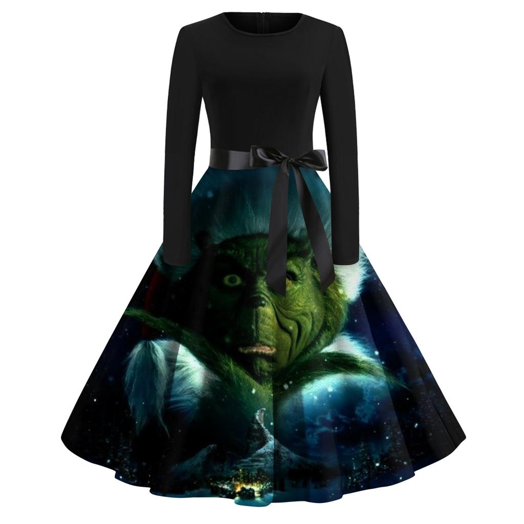 Женское рождественское расклешенное платье с принтом для женщин, платье с длинным рукавом, вечерние повседневные платья