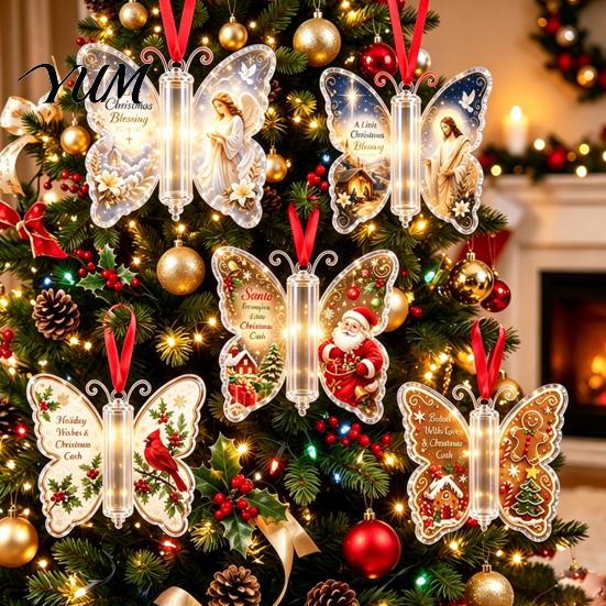 Decorative Hanging Money Gift Christmas Holder Ornament, Acrylic Cash Decor with Vintage Idea for Friends Butterfly Print, Holiday Party Supplies And