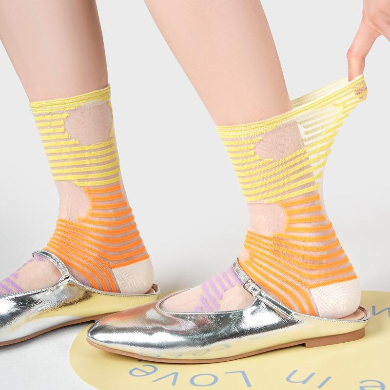 Thin Cotton Socks - Children's Retro Striped Geometric Dopamine Glass Fiber Mid-calf Pile Socks Trend