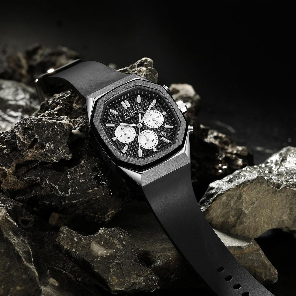 Часы с прямоугольным циферблатом, хронограф, кварцевые часы, аналоговые, водонепроницаемые, дата, черный уретановый ремень, часы в подарок [BUREI] Мужские Мужские Мужские