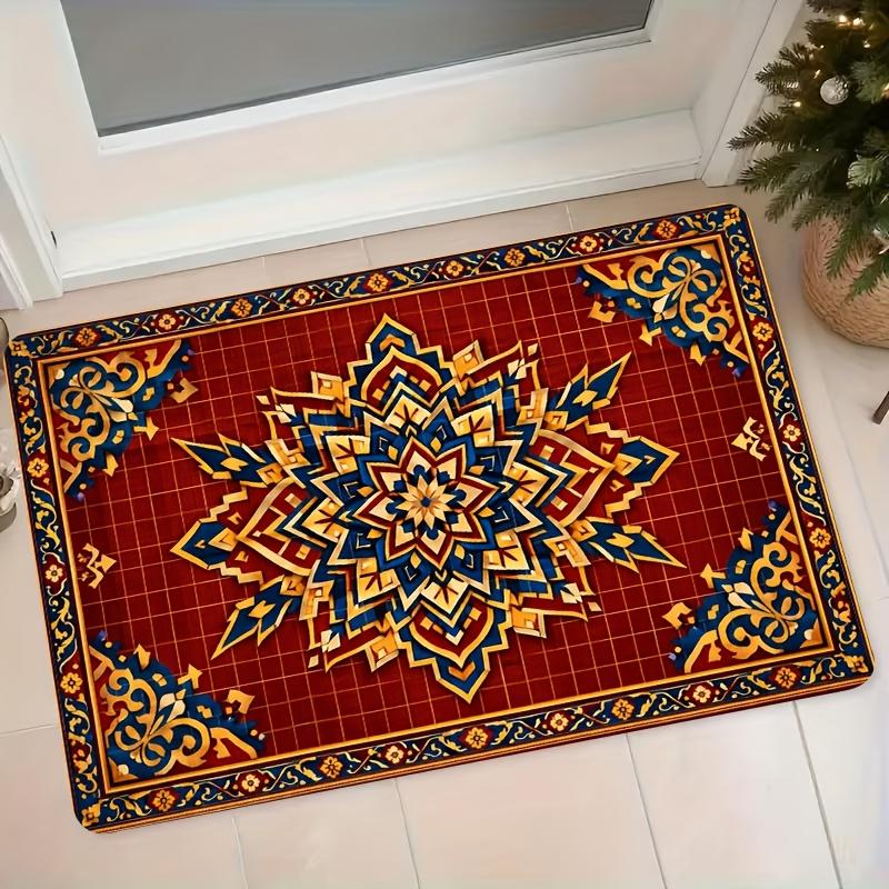 1pc Retro Ethnic Style Flannel Mat Entrance Door/Bedroom/Kitchen Universal Anti-Slip Water-Absorbing Mat Red Base Blue Golden Exquisite Floral Pattern
