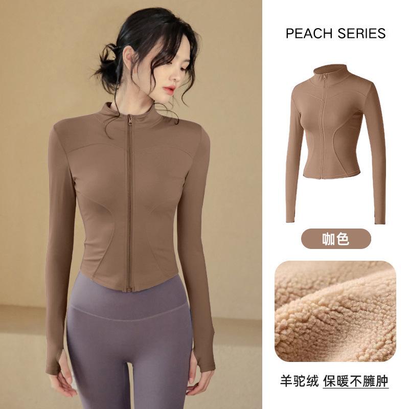 Spring warm tight stand-up neck cardigan slim yoga clothes jacket fitness clothes women's thick velvet running sports jacket