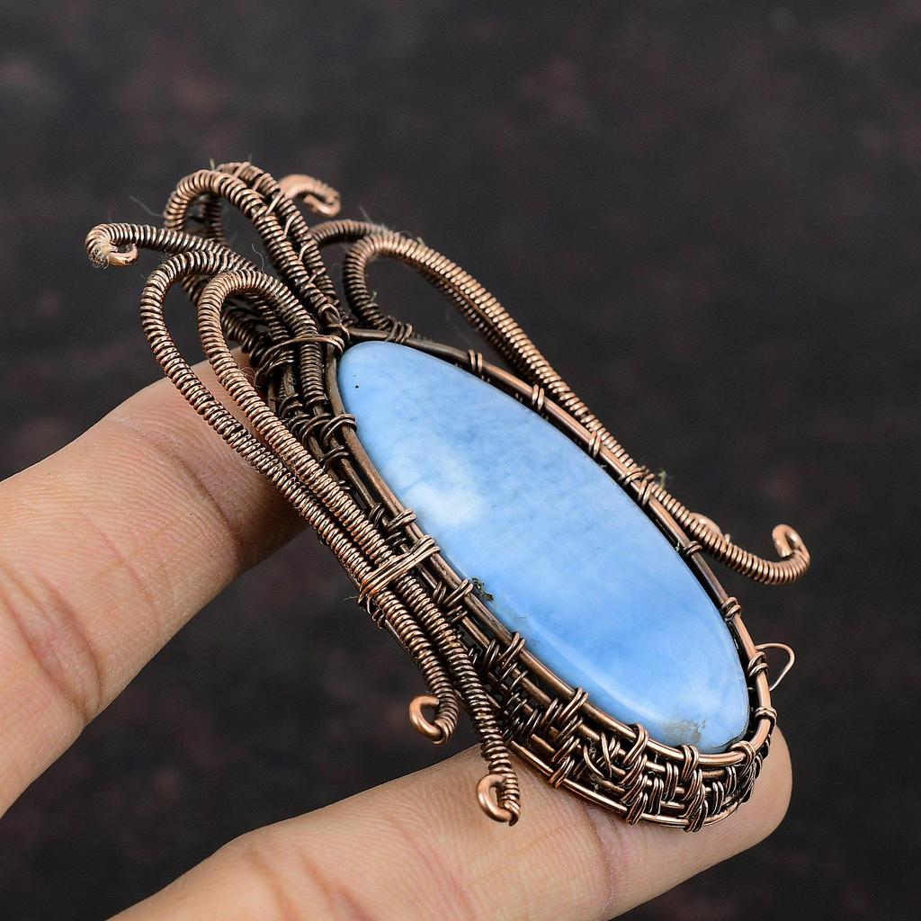 Подвеска Owyhee с синим опалом и драгоценным камнем, медная проволока, кулон ручной работы, ювелирные изделия из проволочной обмотки, стильный кулон, подарок для нее, медные украшения