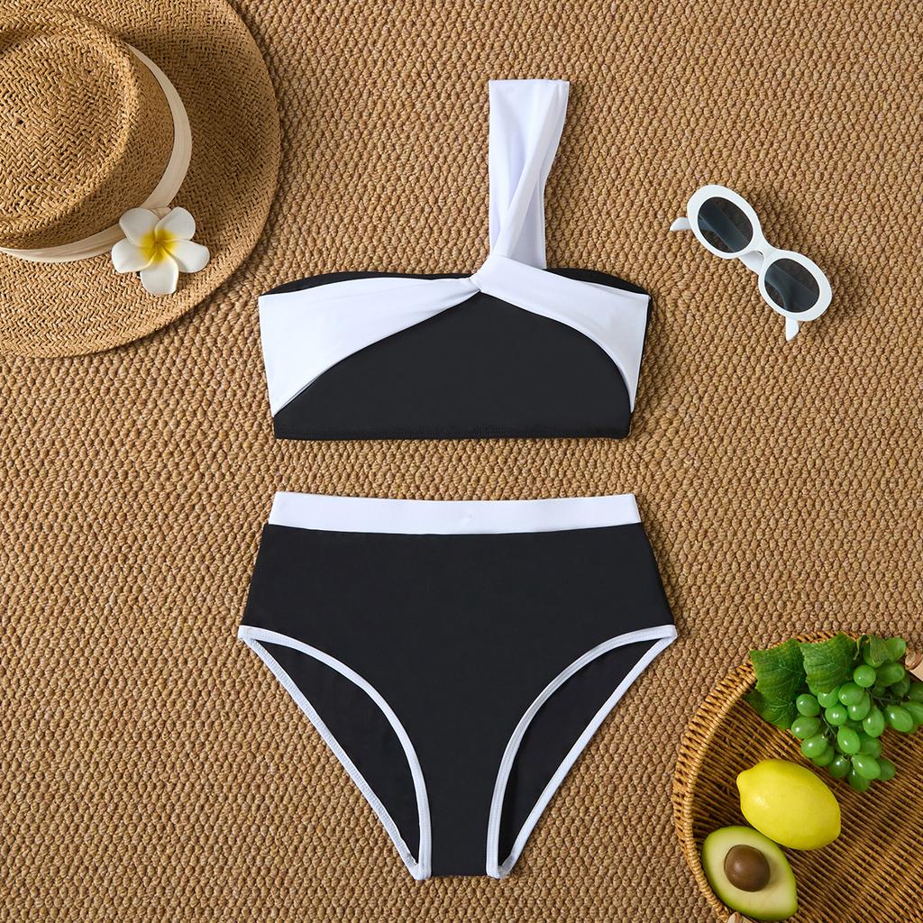 1011 European and American swimsuit female sexy backless shoulder bikini color matching tight split swimsuit bikini
