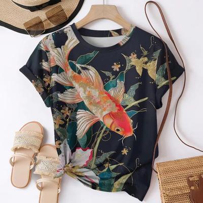 Летний топ с круглым вырезом и принтом 3D Koi Fish, модные повседневные женские футболки с короткими рукавами