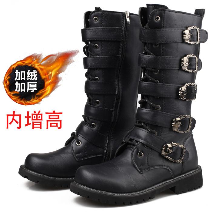 Winter Men Motorcycle Boots Fashion Mid-Calf Punk Rock Punk Shoes Mens PU Leather Black High Top Casual Boot Man