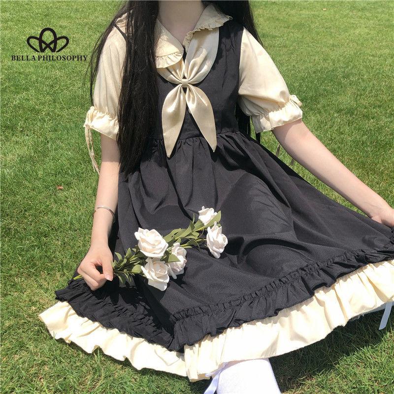 Женское платье Preppy Kawaii Свободное лоскутное платье с бантом в стиле Лолиты Сладкое популярное платье