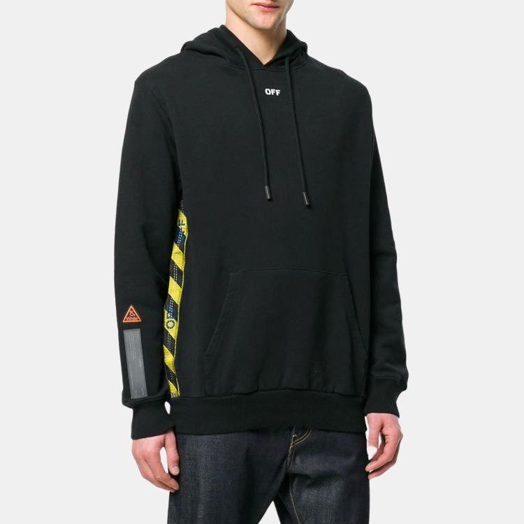 Off-White Толстовка с капюшоном и желтой лентой-предупреждением сбоку, унисекс, черный цвет OMBB032S180030081000