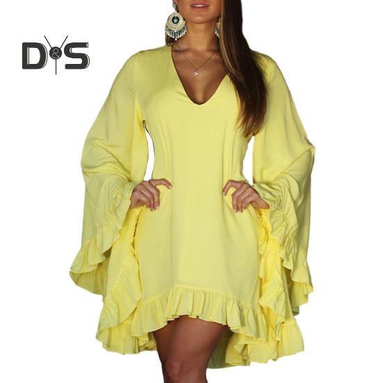 Женское мини-платье с v-образным вырезом и длинными рукавами, однотонное повседневное короткое платье с рюшами и подолом