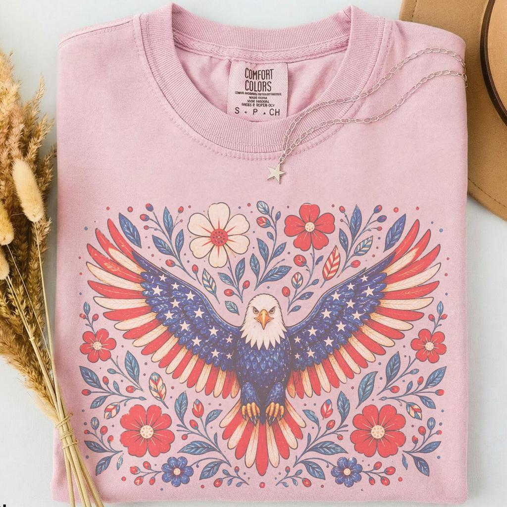 Comfort Colors Patriotic Eagle Floral Graphic Tee, Americana Celebration Shirt