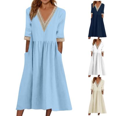 Женское повседневное однотонное длинное платье с v-образным вырезом и кружевными карманами