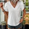 Женские модные повседневные летние весенние однотонные блузки и рубашки с v-образным вырезом и короткими рукавами с принтом