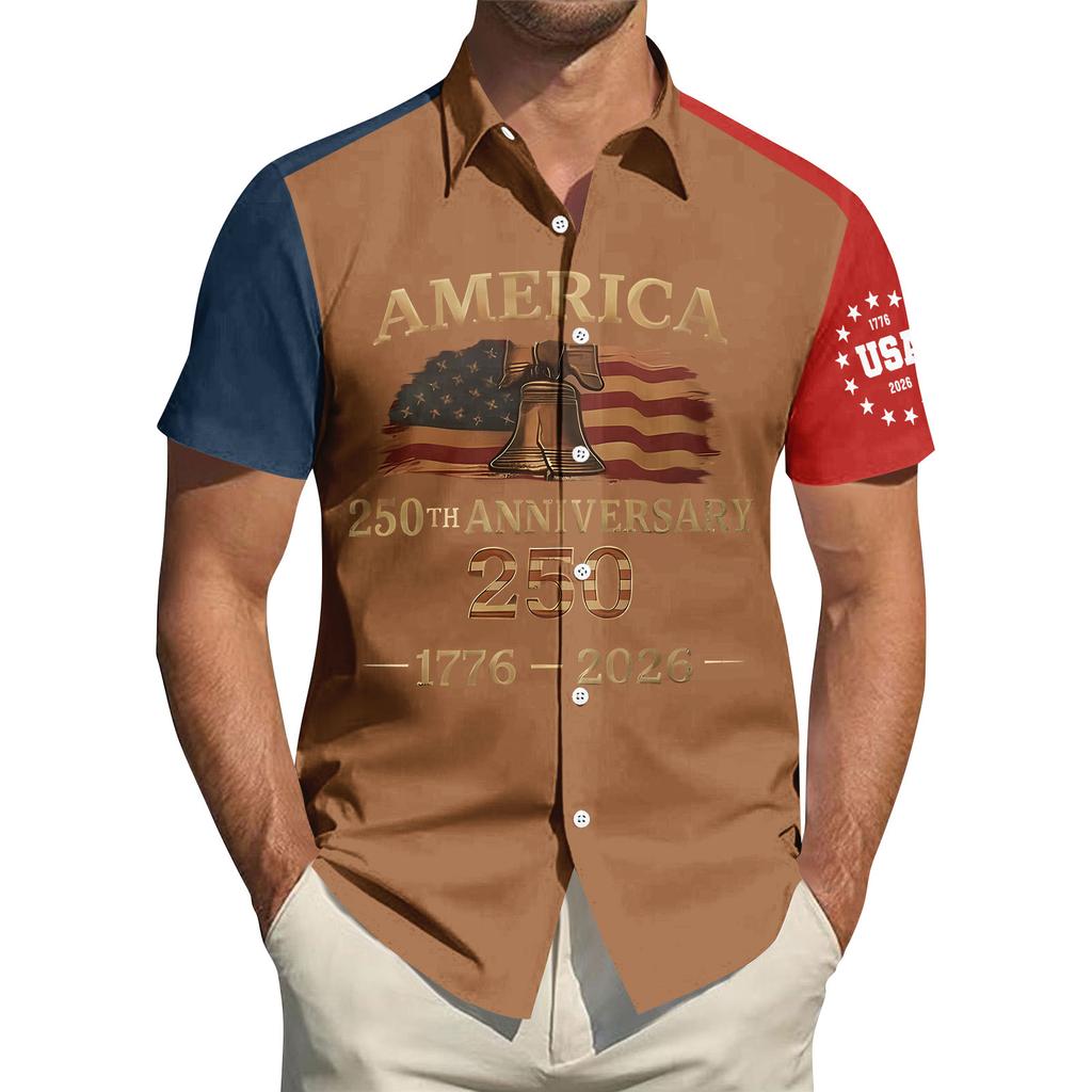 Men's Independence Day Printed Collared Top Men's Casual Sports Short-Sleeve Shirt