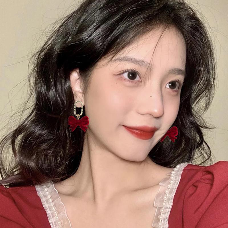 Red Bow Drop Earring For Women Temperament Flocking Bowknot Earrings