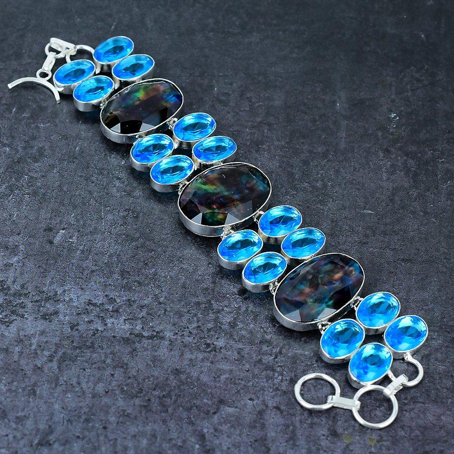 Natural Ammolite, Topaz Gemstone Handmade 925 Sterling Silver Bracelet 7-8" T7i66