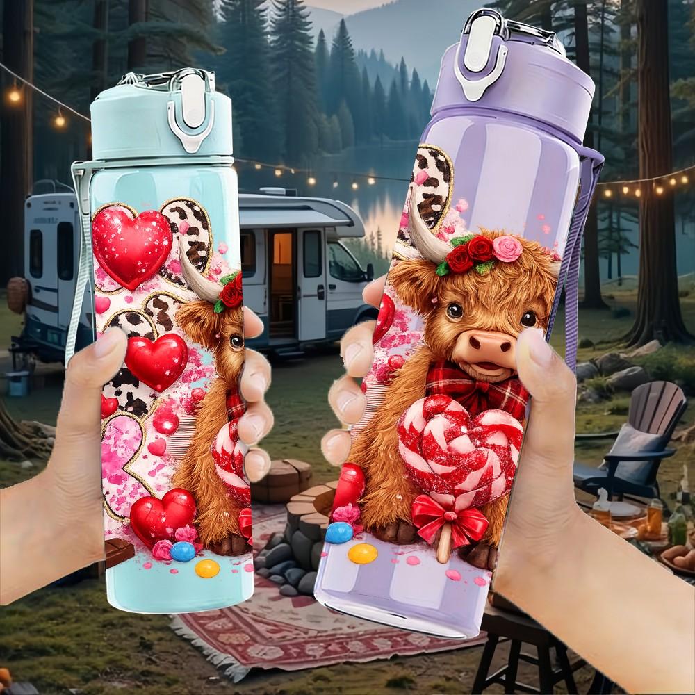 1PC Bear Heart Rose Valentine Theme Print 750ml Color Plastic Sports Water Bottle Leakproof Flip Straw Lid Suitable for Sports Office Home Use