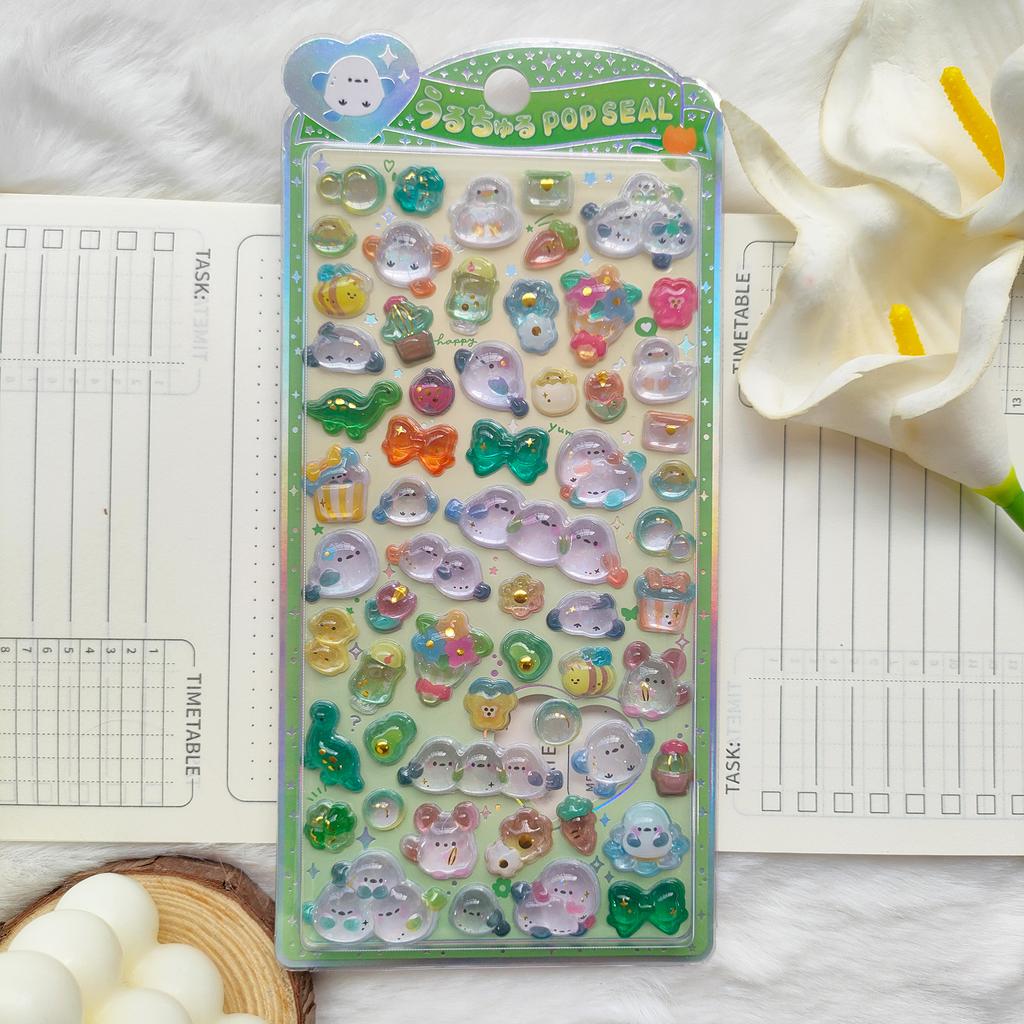 Kids 3D Crystal Relief Stickers - Cute Ghost Bird Strawberry Rabbit Penguin Decals Waterproof for Kpop Photocard DIY Decor Gifts