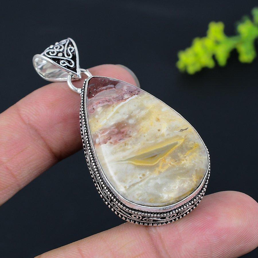 Laguna Lace Agate Gemstone Handmade 925 Sterling Silver Pendant 2.25" K1A76