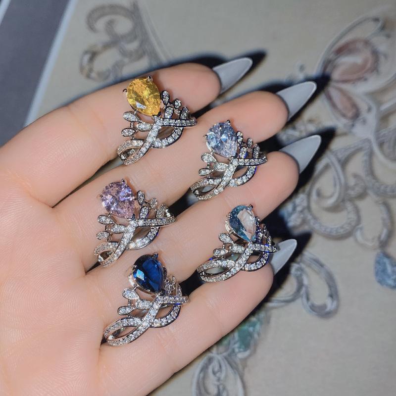 2026 Colored Treasure New Product, Pear-shaped Water Drop Personalized Yellow Diamond Crown Ring Women, Fashionable Light Sea Blue Treasure Diamond