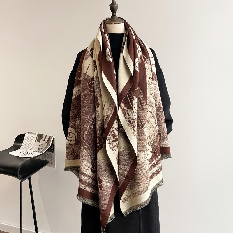 Autumn and Winter New Imitation Cashmere Castle Camellia Scarf Retro Thickened Warm Scarf Shawl with Windproof Scarf