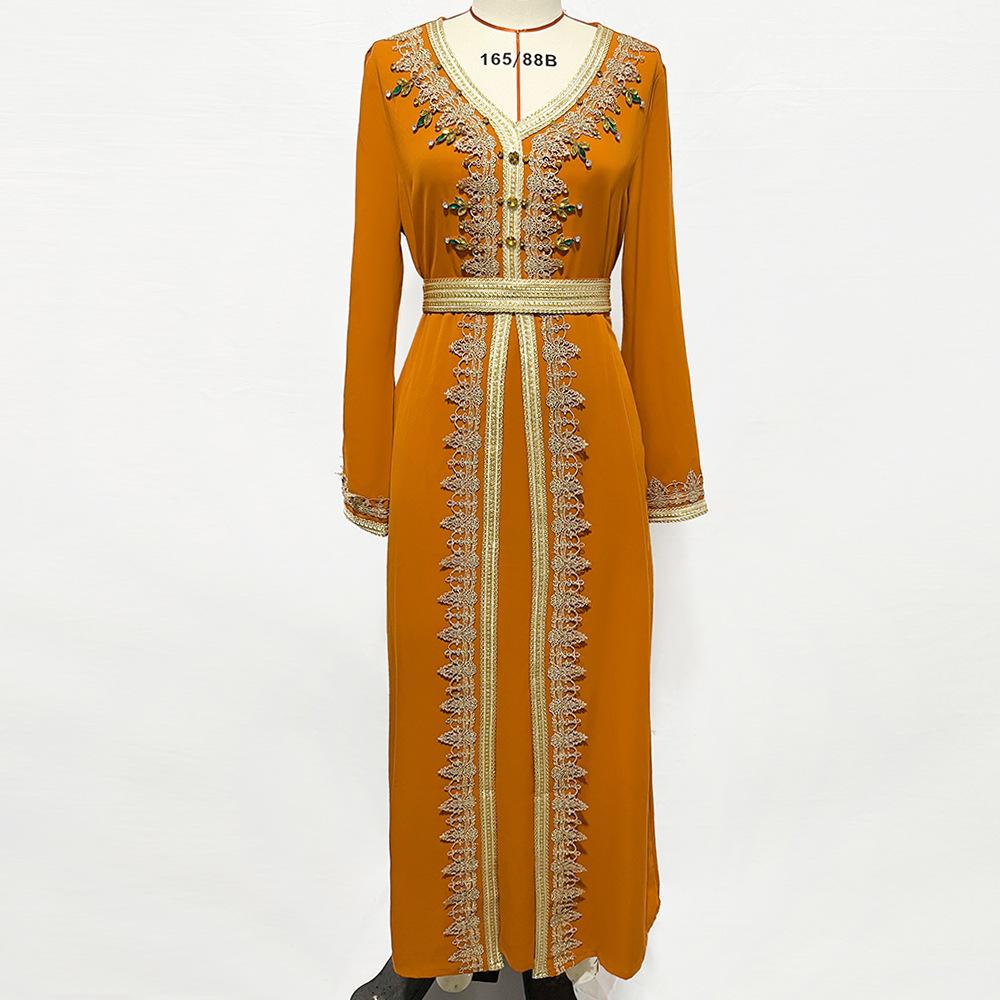 Women's Clothes Solid Color Handmade Rhinestone Stitching Lace Slim Fit Fake Two Piece Muslim Dress