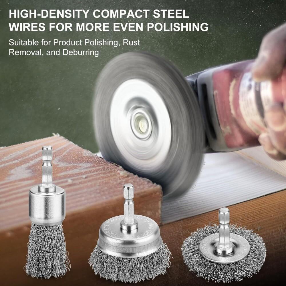 Professional Carbon Steel Wire Wheel Brush Bits - Rust Cleaning Attachment with 1/4" Hex Shank, Cup Brush