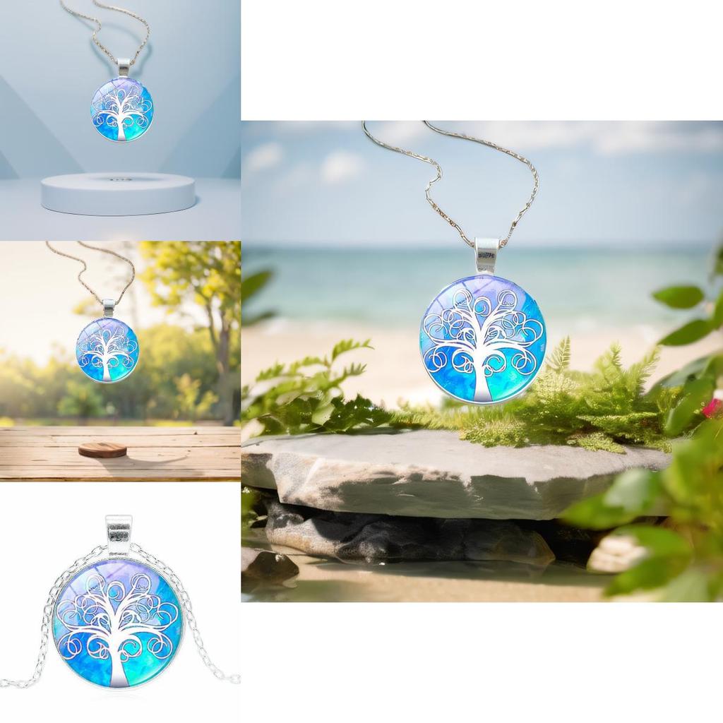Элегантное ожерелье-подвеска с узором дерева цвета винтажного серебра с классическим стеклянным кабошоном