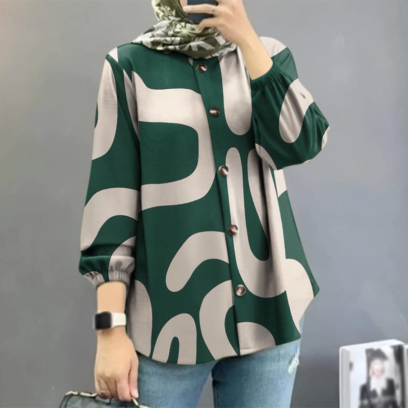 ZANZEA Women Lantern Sleeve Geometric Pattern Casual Blouse