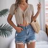 Women Crochet Tops Short Sleeve Lace-up Hollow Design Knitting Tops Sun Protection Summer Vacation Tops
