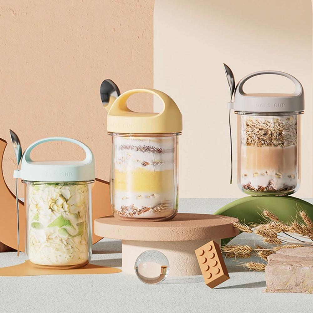 Стакан для овсянки на ночь 430 мл, стеклянный, с крышкой и ложкой, герметичный, для еды, для завтрака, портативный, для хлопьев, молока, салата, йогурта, кухонный предмет