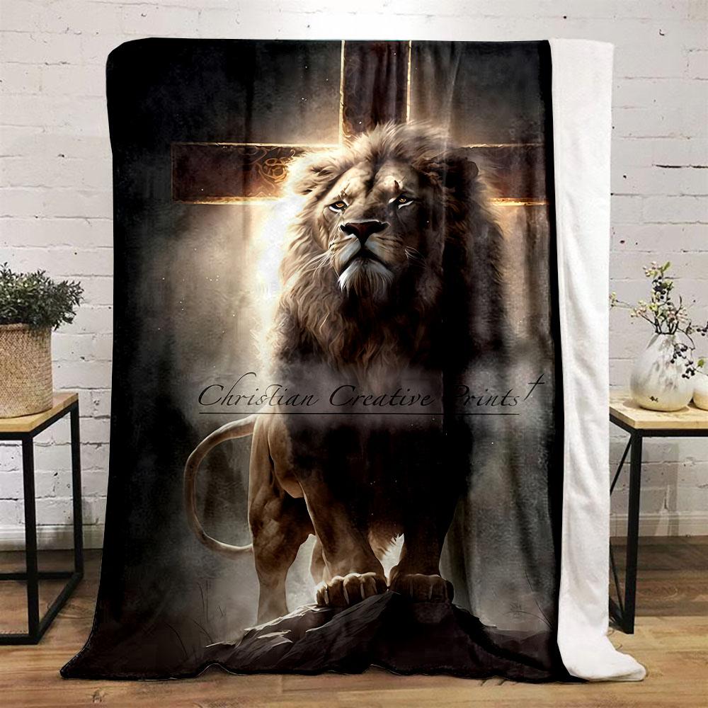 Lion with Cross in Majestic Light Patterned flannel blanket perfect for the bedroom living room, sofa, or a little nap