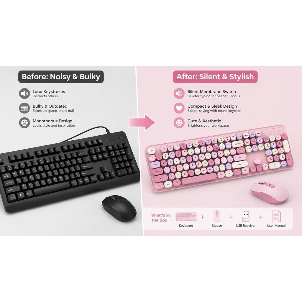 Wireless Keyboard and Mouse Combo, 2.4G Silent Keyboard Mouse Set with Round Retro Keycaps, Ergonomic Design for Office Home, USB Receiver, Compatible