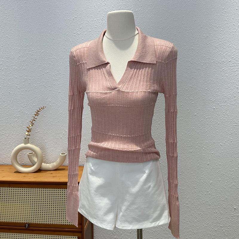 Нишевая вязаная рубашка с длинным рукавом с чувством дизайна женская осенняя облегающая и тонкая ло-рубашка уникальный популярный топ