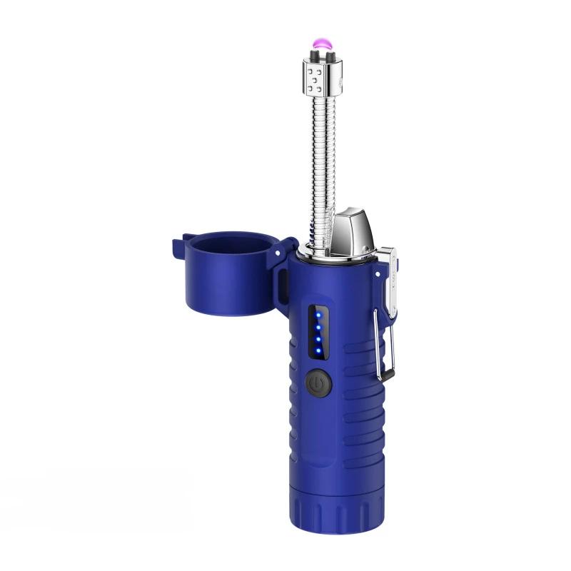 Metal Windproof Waterproof Pulse Dual Arc Type C Rapid Charge Electronic Lighter with Strong Light Flashlight Outdoor Lighters