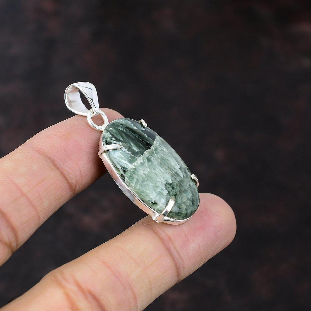Серафинитовый кулон Совершенно новые ювелирные изделия из драгоценных камней Стерлингового серебра 925 пробы Кулон ручной работы Ювелирные изделия из камня Подарок для матери Уникальный дизайн Кулон