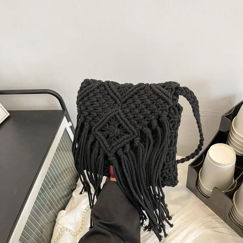 Yogodlns Bohemian Tassel Straw Bag Women Fashion Weave Handmade Crossbod Bag Summer Kintted Beach Handbag Vacation Lady Pouch