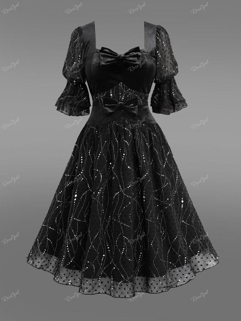 Rosegal готический бант со сверкающими пайетками и многослойными рюшами в горошек с пышными рукавами и трапециевидным платьем