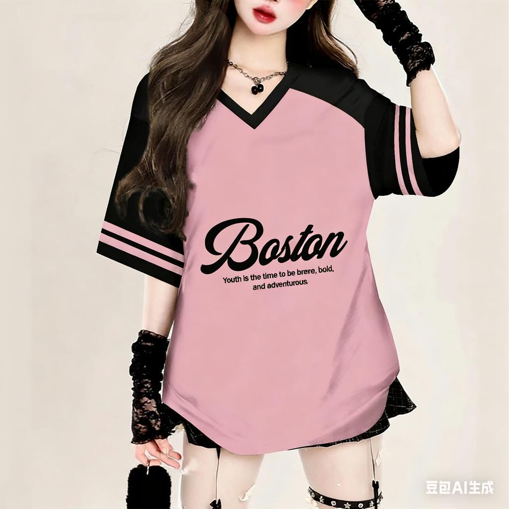 Women Print V-Neck Short Sleeve T-Shirt Summer Tops Baseball Jerseys Stripe Oversized Sport Outdoor T-Shirt