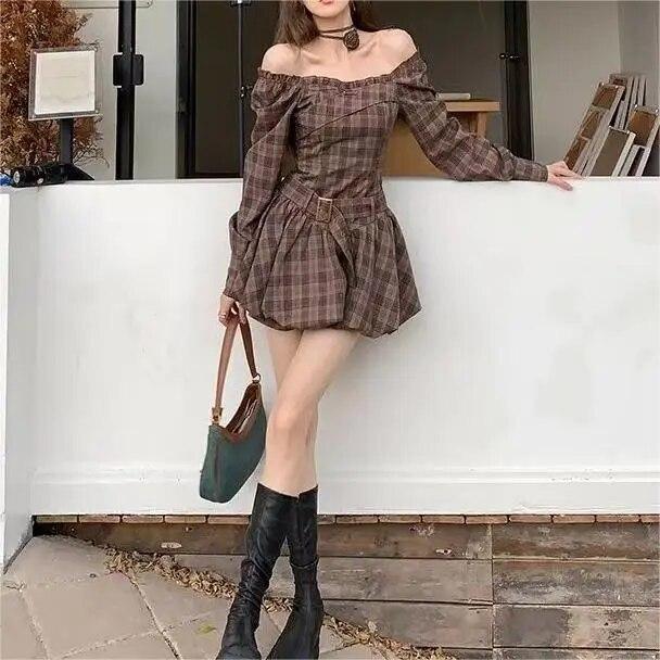 Модное женское мини-платье в клетку с квадратным вырезом, элегантное платье трапециевидной формы с длинным рукавом, новое весеннее короткое платье с разрезом на шее