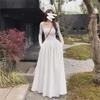 French White Long Sleeve Square Neck Women's Hepburn-Style Slim Waist Maxi Skirt for Spring and Autumn