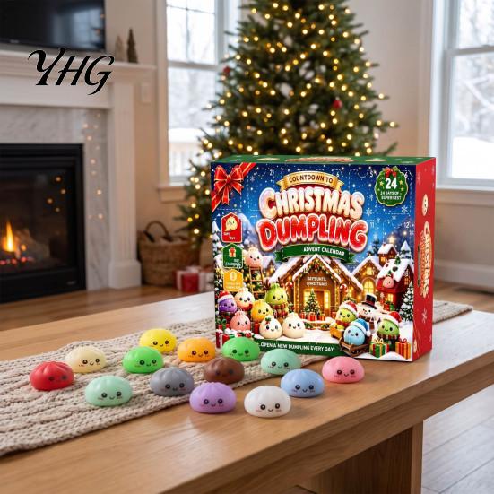 24 Days Countdown Box Christmas Cartoon Dumpling Gift Box, Xmas Advent Calendar with Stress Steamed Bun Toy Relief Squeeze Toys,