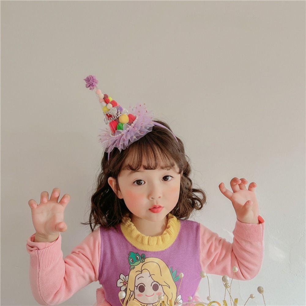 Candy Ball Birthday Hat Headband Multicolor Lace Mesh Hair Hoop Cute Happy Birthday Hairband Girls