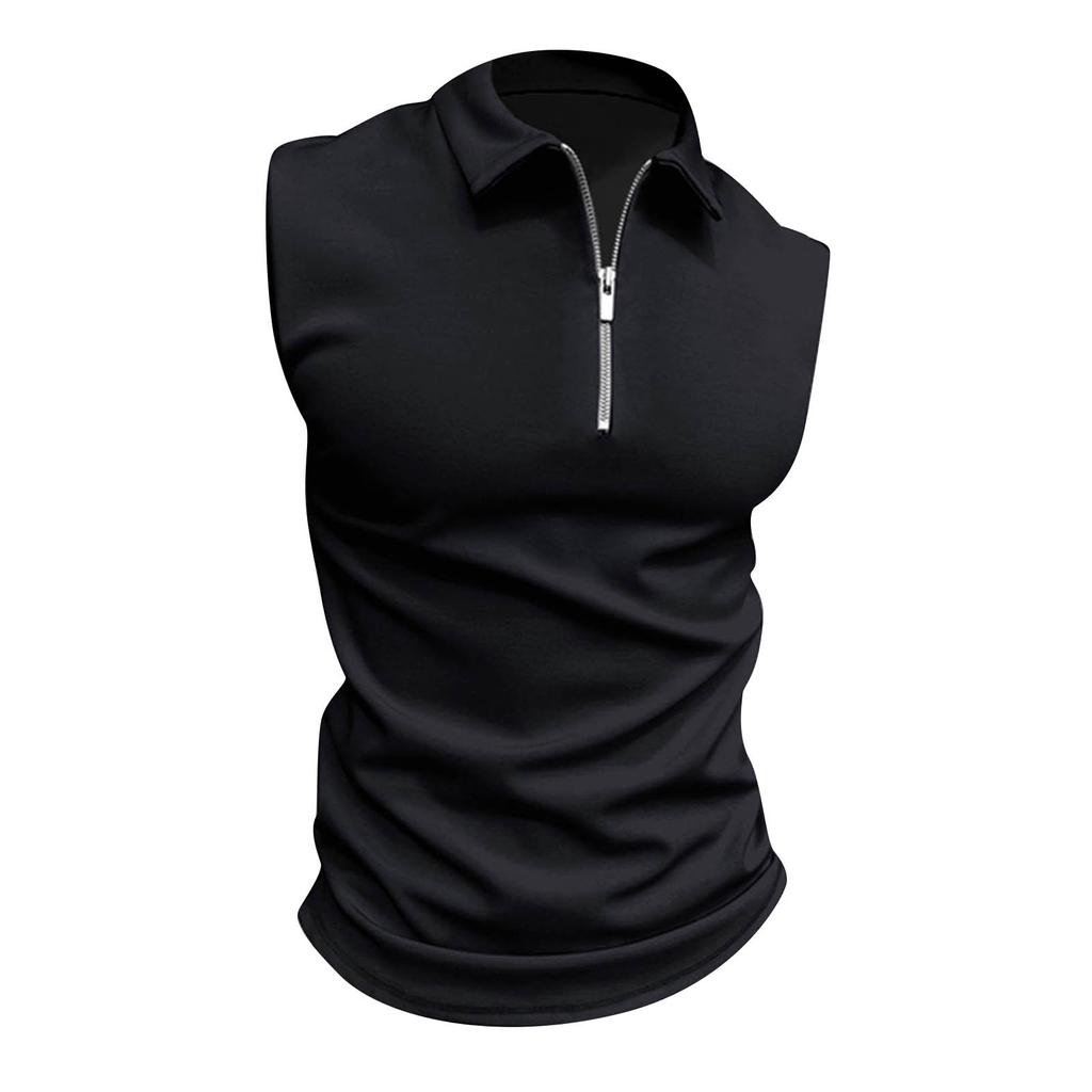 Men Lapel Summer Tank Top Zipper Lapel Solid Color Casual Sleeveless Tank Top T-Shirt