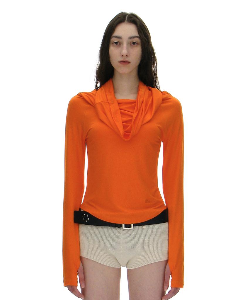 PARTIMENTO WOMEN 3-Way Cowl Neck Long Sleeve Tee_Orange