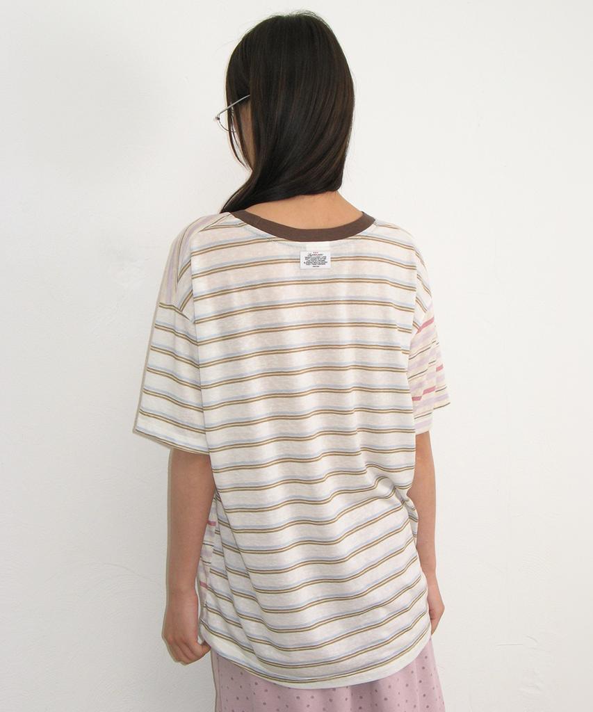 RONRON Mix Stripe Contrast Over Fit T Shirt Pink Purple