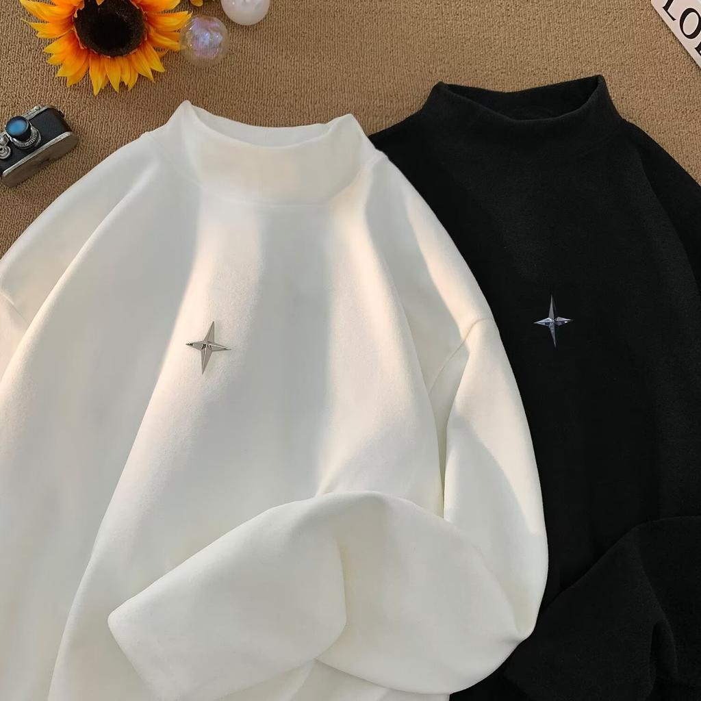 Женская осенняя толстовка с воротником-половиной, весенняя рубашка с капюшоном, винтажный пуловер со звездами Y2K, черно-белые топы