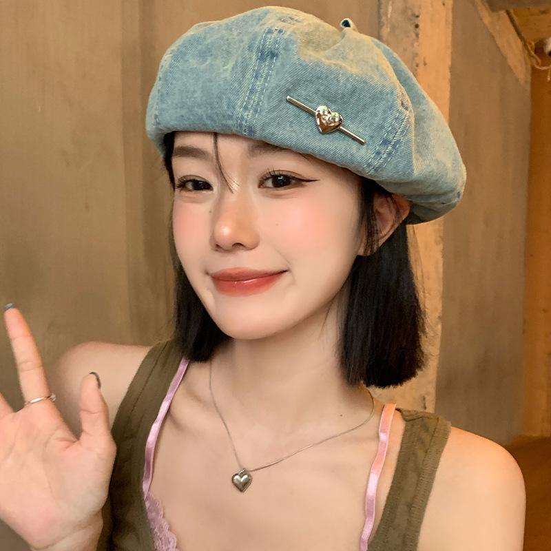Love Metal Sign Cowboy Berets for Women Blue Denim Washed Cotton Octagonal Painter Hat Korean Casual Versatile Retro Newsboy Cap Vintage Painter Hats
